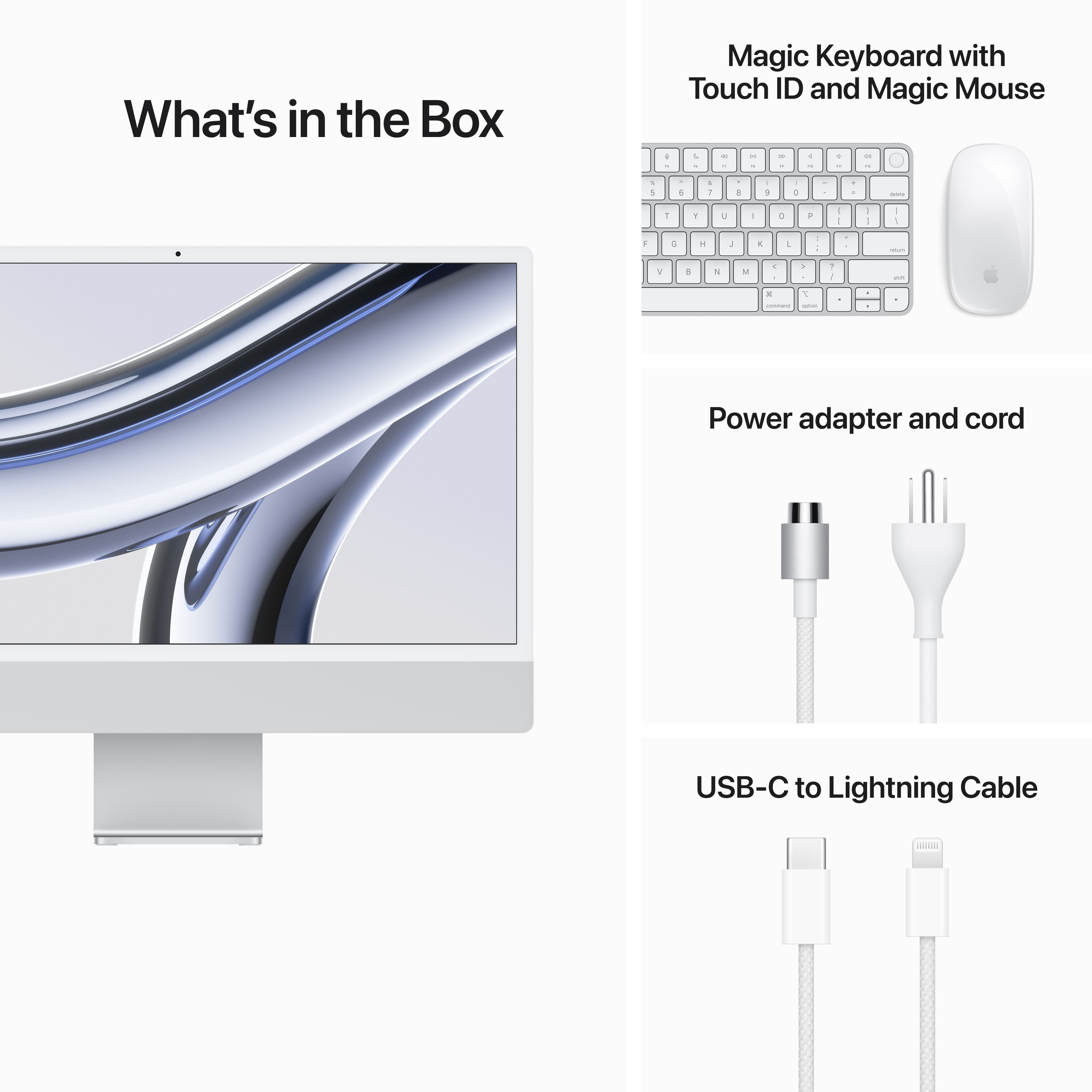 The image features an all-in-one desktop computer, which includes a monitor, keyboard, and mouse. The keyboard is a Magic Keyboard with Touch ID and Magic Mouse, while the mouse is a wireless device. The computer also comes with a power adapter and cord, as well as a USB-C to Lightning Cable. The image showcases the various components of the desktop computer, making it a comprehensive representation of the product.