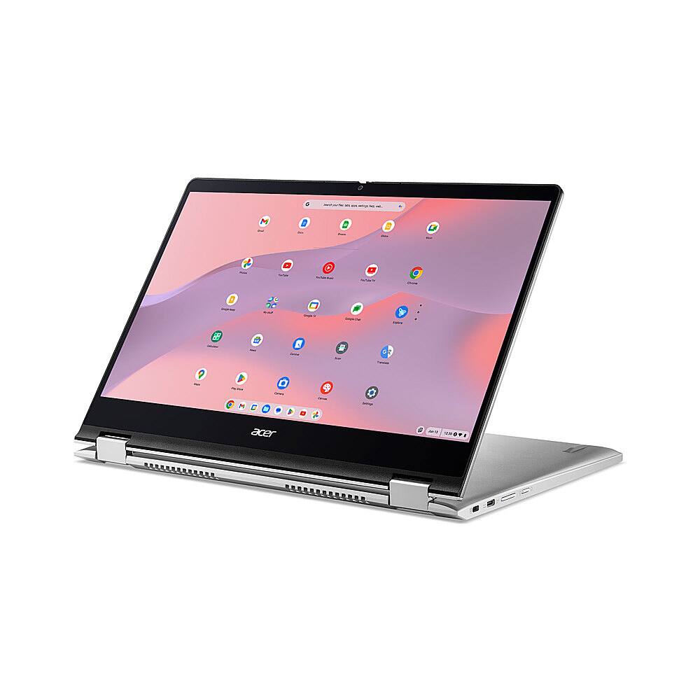 Left. Acer - Chromebook Spin 514 14.0" FHD IPS Touch Display Laptop- AMD Ryzen 5 5625C Hexa-Core-8GB LPDDR4X Memory- 128GB eMMC - Sparkly Silver.