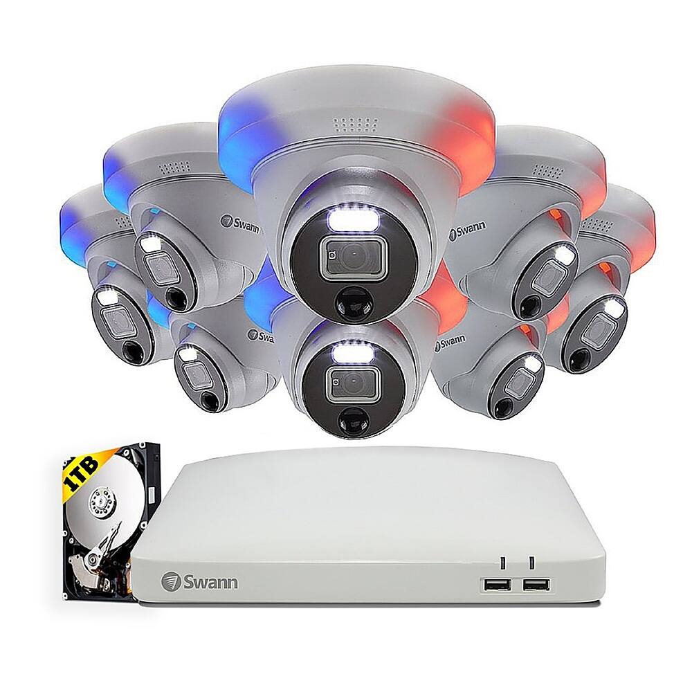 Front. Swann - Home 8-Channel, 8-Dome Camera, Indoor/Outdoor Wired 1080p 1TB DVR Security Camera System - White.