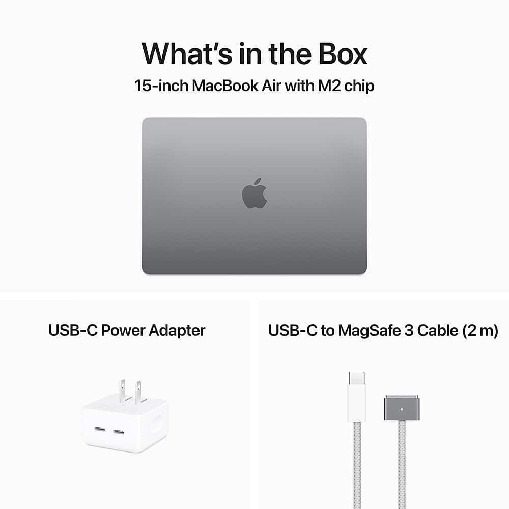The image features a laptop computer, specifically a 15-inch MacBook Air with an M2 chip. The laptop is accompanied by a USB-C Power Adapter and a USB-C to MagSafe 3 Cable, which is 2 meters long. The image is likely promoting the laptop and its accessories, showcasing the features and compatibility of the product.