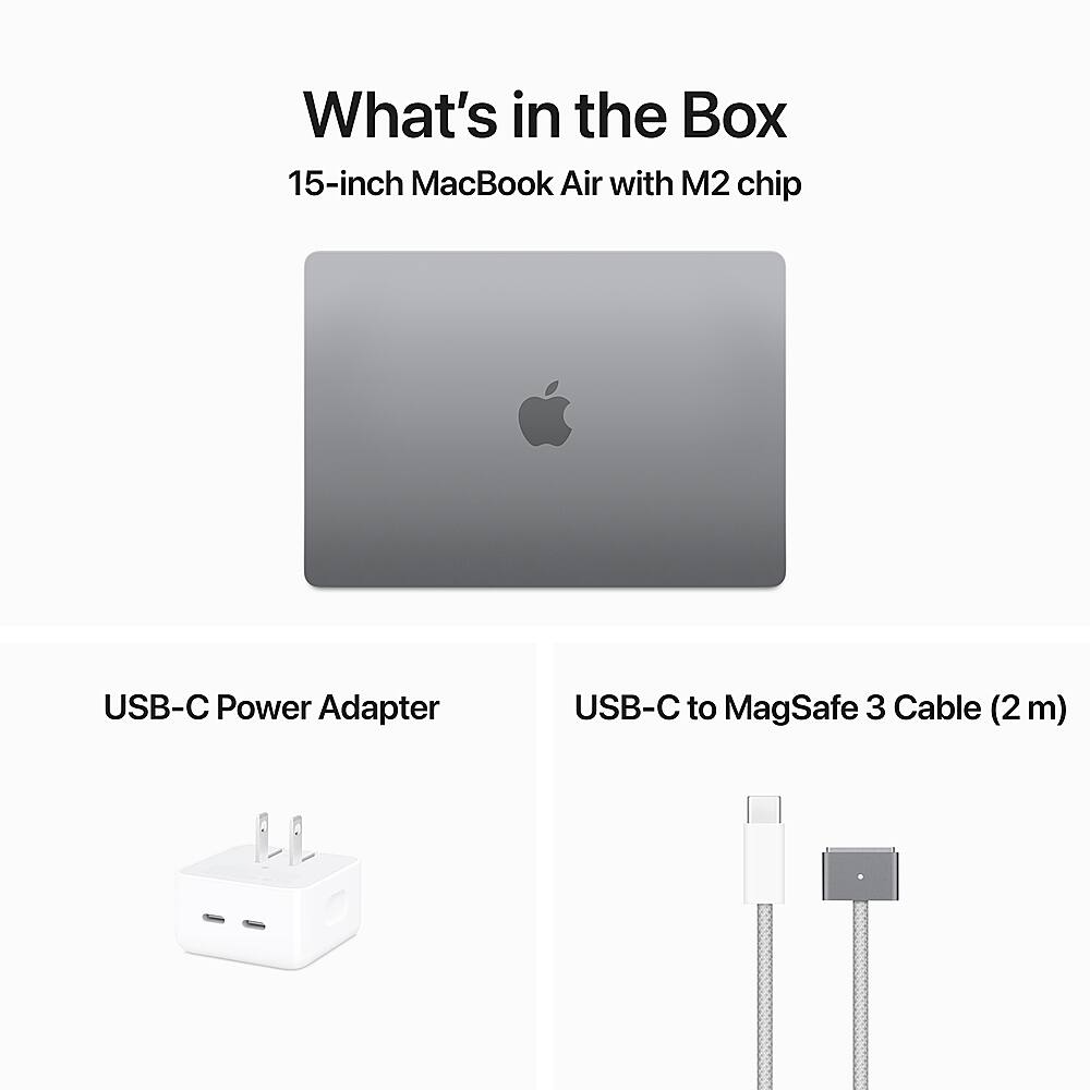 The image features a laptop computer, specifically a 15-inch MacBook Air with an M2 chip. The laptop is accompanied by a USB-C Power Adapter and a USB-C to MagSafe 3 Cable, which is 2 meters long. The image is likely promoting the laptop and its accessories, showcasing the features and compatibility of the product.