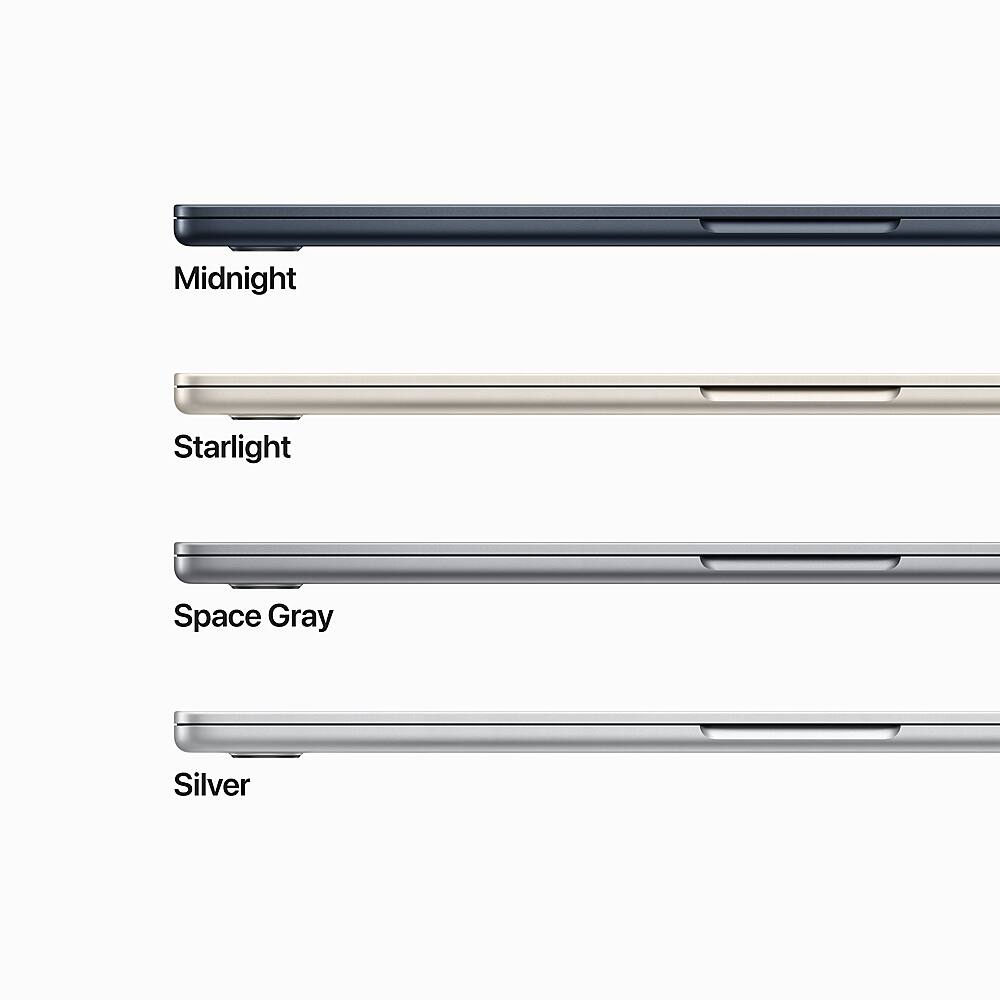 The image features a laptop computer in three different colors: Midnight, Starlight, and Space Gray. The laptop is shown from the top, with the colors clearly visible. The image also includes a close-up of the laptop, showcasing its design and features.