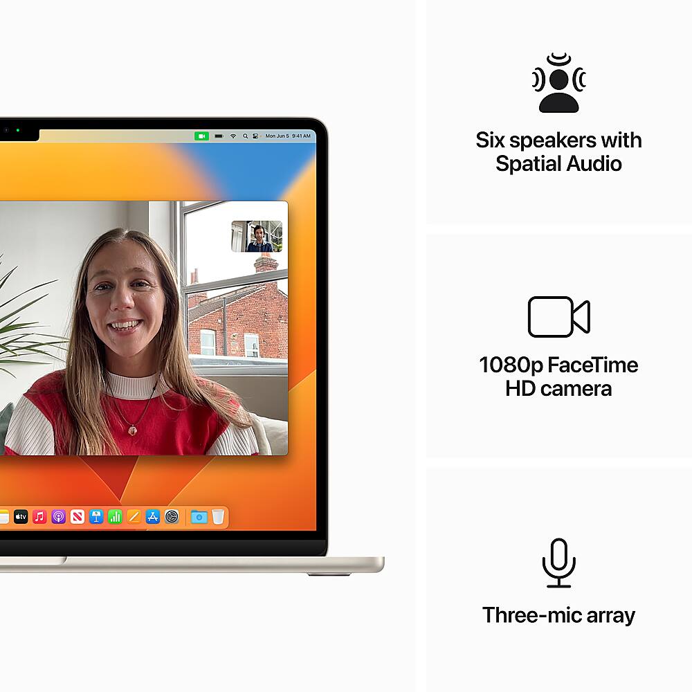The text on the image can be grouped and corrected as follows:

* Six speakers with Spatial Audio
* Three-mic array
* 1080p FaceTime HD camera
* MIM As P41AM AM