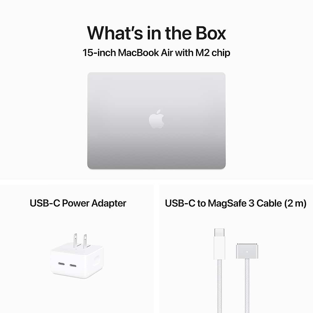 The image features a 15-inch MacBook Air with an M2 chip, which is a laptop computer. The laptop is accompanied by a USB-C Power Adapter and a USB-C to MagSafe 3 Cable (2 meters). The image is categorized as Laptop_Computers, and the text "What's in the Box" is the largest text, indicating the contents of the box.