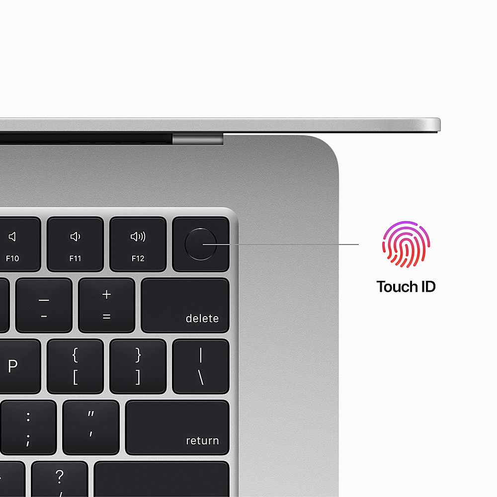 The image features a laptop computer with a Touch ID fingerprint sensor. The Touch ID is located on the right side of the keyboard, and the laptop is turned on. The keyboard has a variety of keys, including the F10, F11, and F12 keys, as well as the e, +, and delete keys.