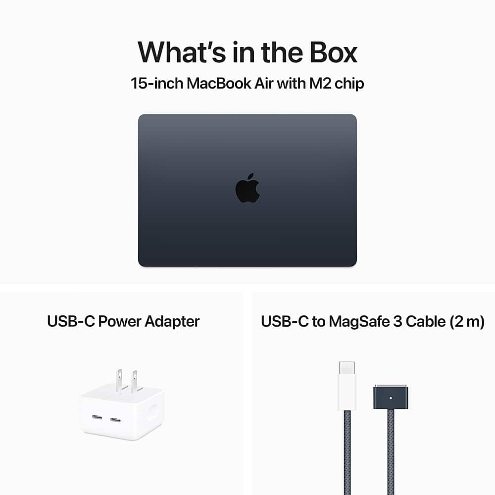 What's in the Box: 15-inch MacBook Air with M2 chip, USB-C Power Adapter, USB-C to MagSafe 3 Cable (2m)