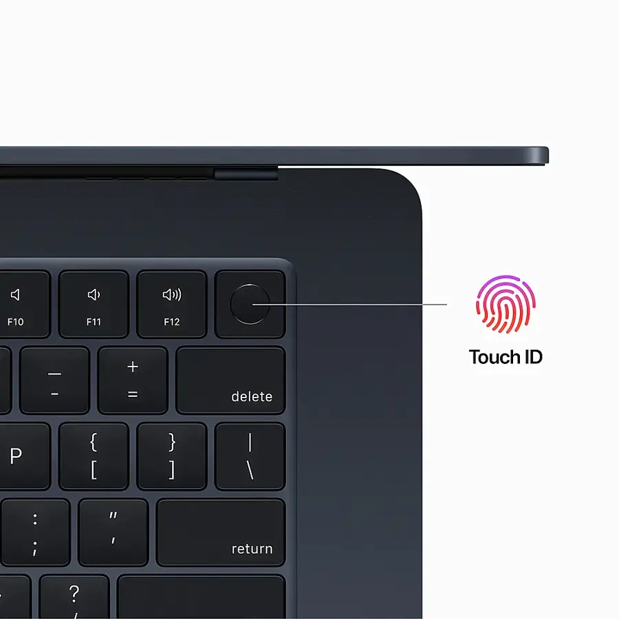 The image shows a close-up of a laptop keyboard with a touch ID feature. The keyboard has a touch ID button, which is highlighted in the image. The keyboard also has a delete button, which is located to the left of the touch ID button. The laptop keyboard is designed to allow users to access the touch ID feature and delete files with ease.