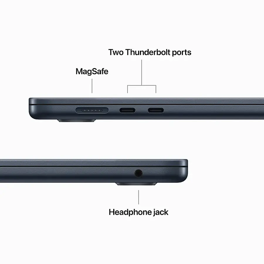 The image features a laptop computer with two Thunderbolt ports, a MagSafe connector, and a headphone jack. The laptop is shown in a close-up view, highlighting the various ports and connections available. The MagSafe connector is a unique feature that allows for easy disconnection of the laptop from its power source without the need to unplug it. The headphone jack is another essential port for connecting headphones or external speakers to the laptop.