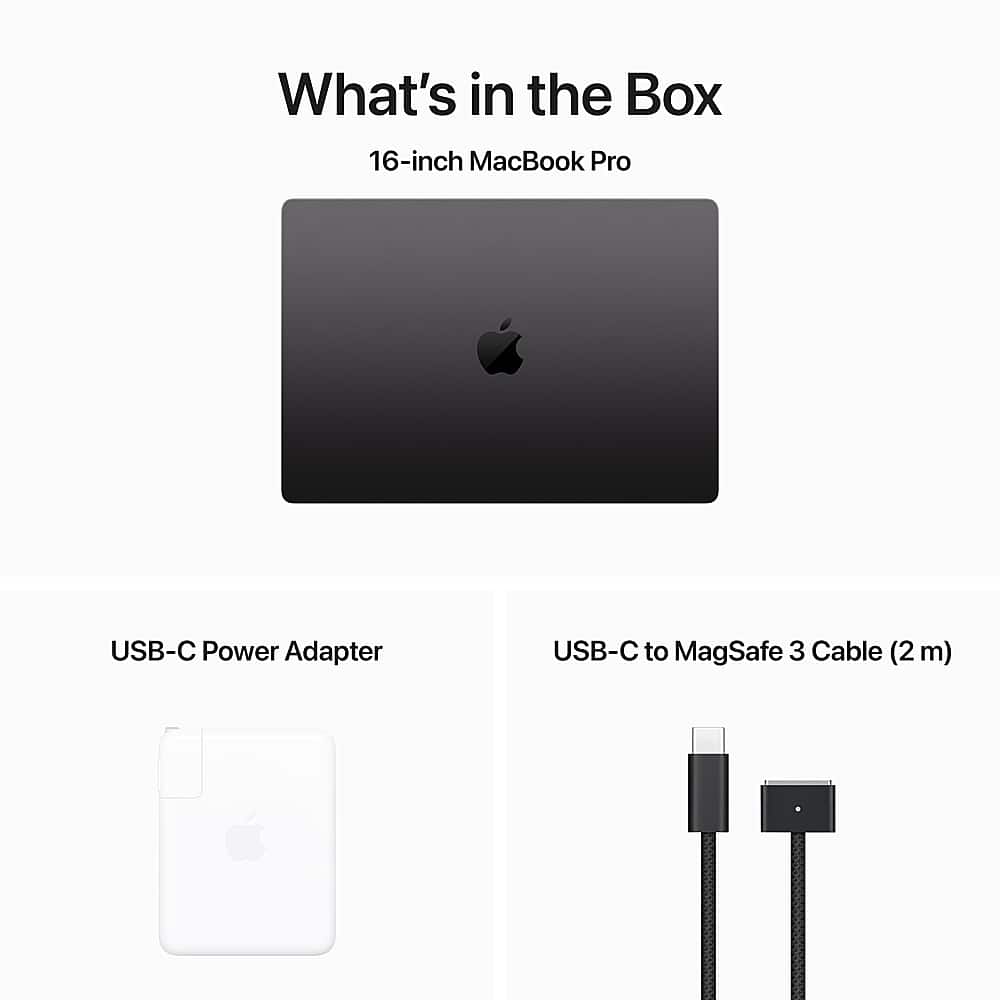 What's in the Box: 16-inch MacBook Pro, USB-C Power Adapter, USB-C to MagSafe 3 Cable (2 m)