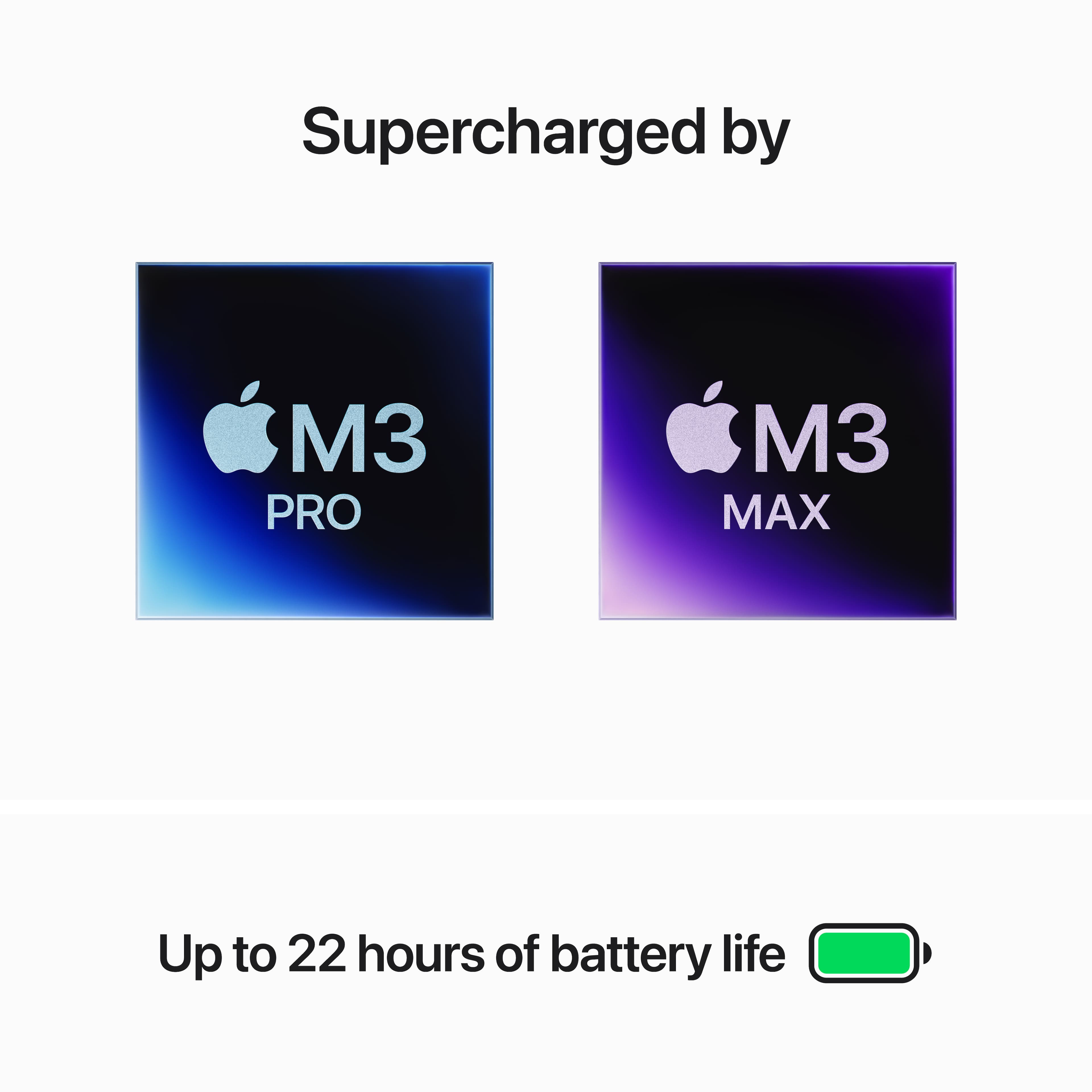 The image features two Apple laptops, each with a battery life of up to 22 hours. The laptops are described as being supercharged by M3 PRO and M3 MAX, indicating that they are equipped with powerful technology to enhance their performance. The image showcases the laptops' sleek design and emphasizes their long-lasting battery life, making them ideal for users who require extended usage without the need for frequent recharging.