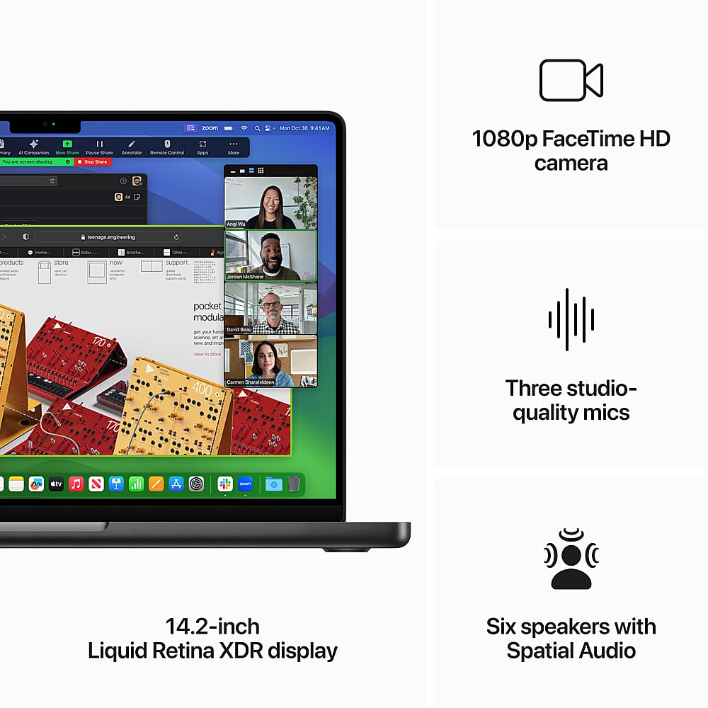 The image features a laptop computer with a 14.2-inch Liquid Retina XDR display. The laptop is equipped with six speakers, providing Spatial Audio for an immersive audio experience. Additionally, the laptop has a 1080p FaceTime HD camera, making it suitable for video calls and online meetings. The laptop is also accompanied by a companion Noa Share Pase, which allows for easy sharing and collaboration.