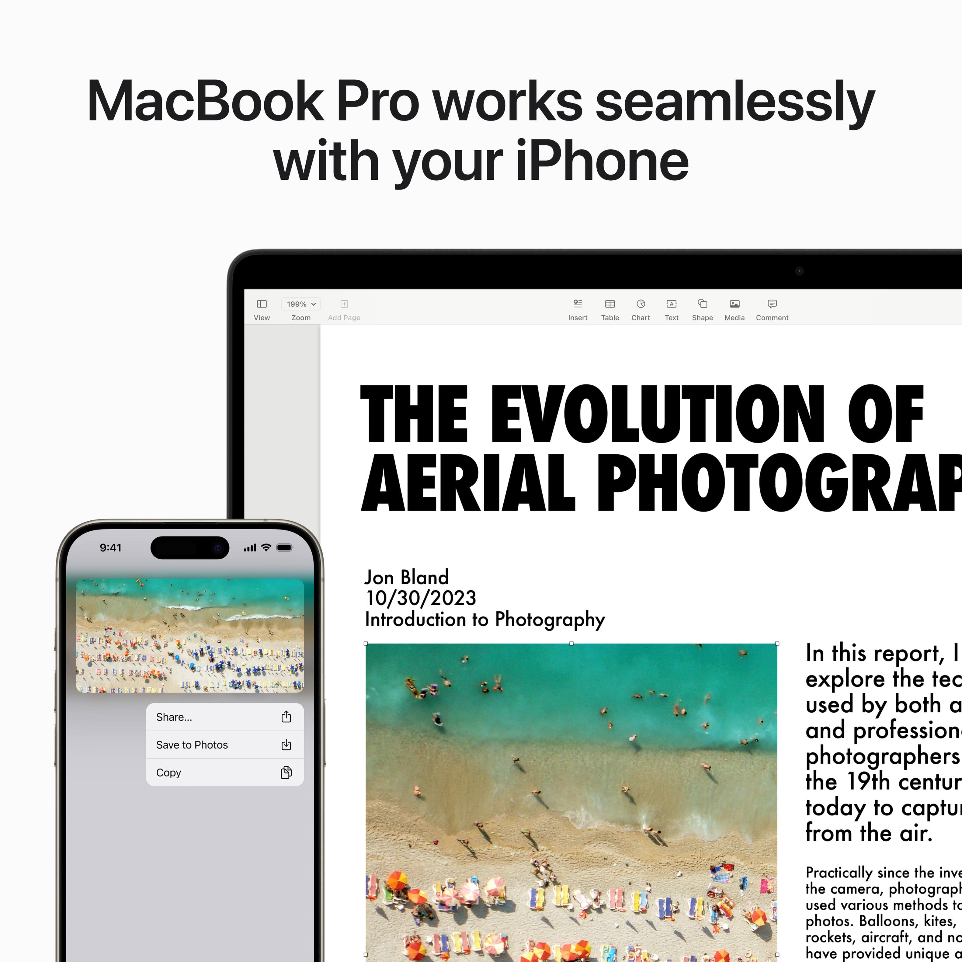 The image features a MacBook Pro laptop and an iPhone placed next to each other. The laptop is open, and the iPhone is positioned nearby. The image is categorized as "Laptop Computers," and the text displayed on the laptop screen reads "The Evolution of Aerial Photography." The text suggests that the image is related to the history and development of aerial photography, showcasing the technological advancements that have occurred over time.