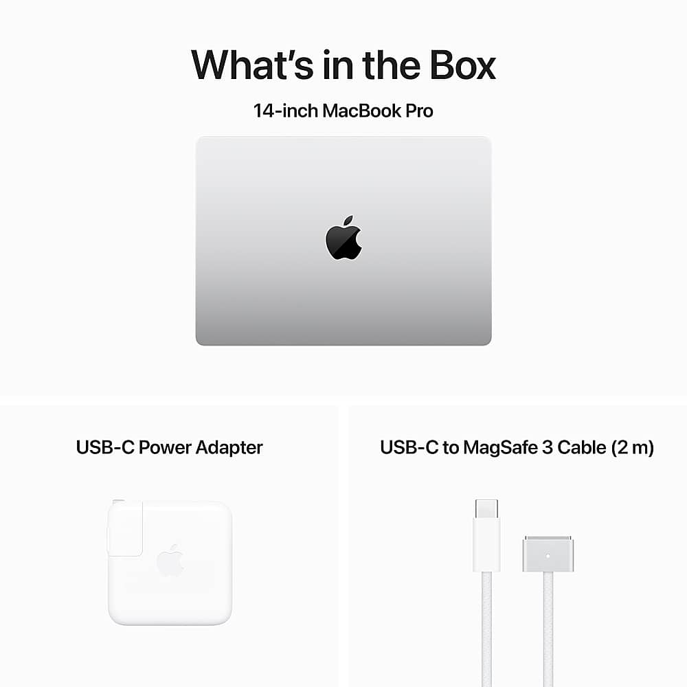The image features a white 14-inch MacBook Pro, which is a laptop computer. The box contains a USB-C Power Adapter and a USB-C to MagSafe 3 Cable (2 m). The product is designed to provide power and connectivity options for the MacBook Pro.
