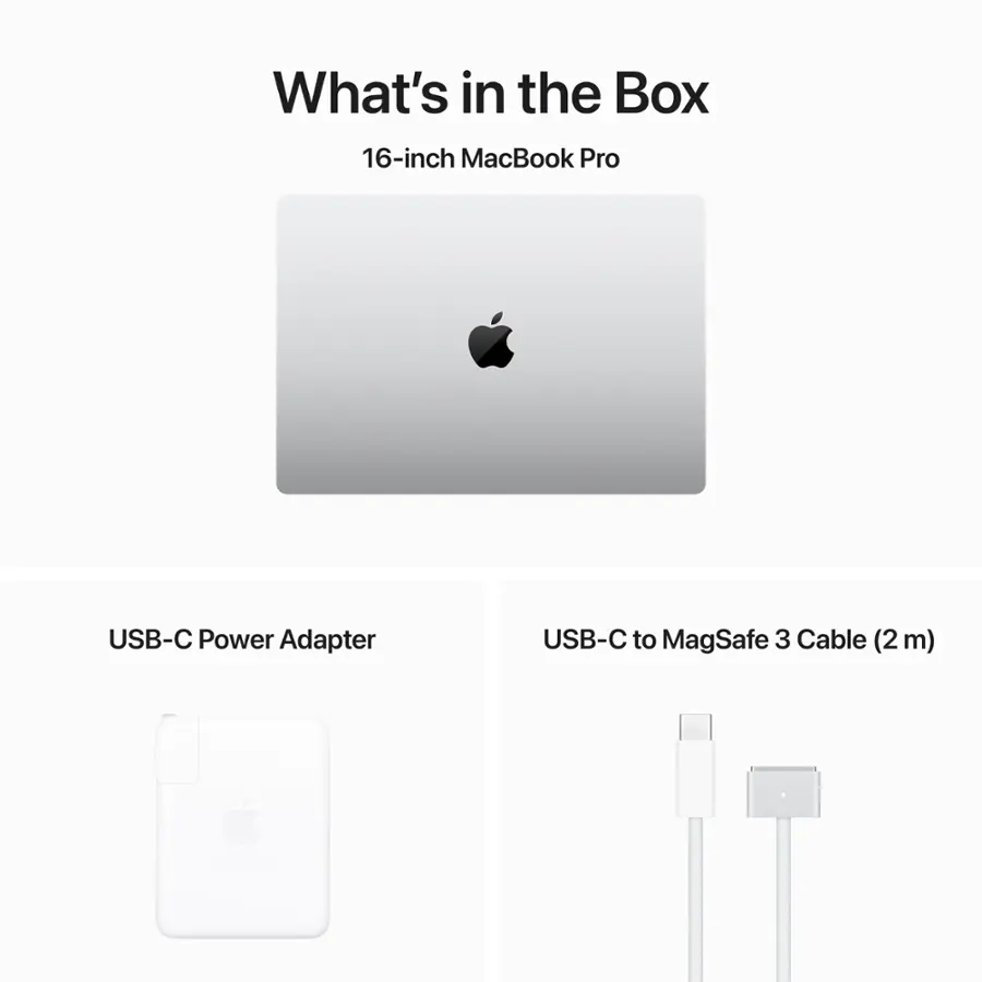What's in the Box: 16-inch MacBook Pro USB-C Power Adapter, USB-C to MagSafe 3 Cable (2 m).