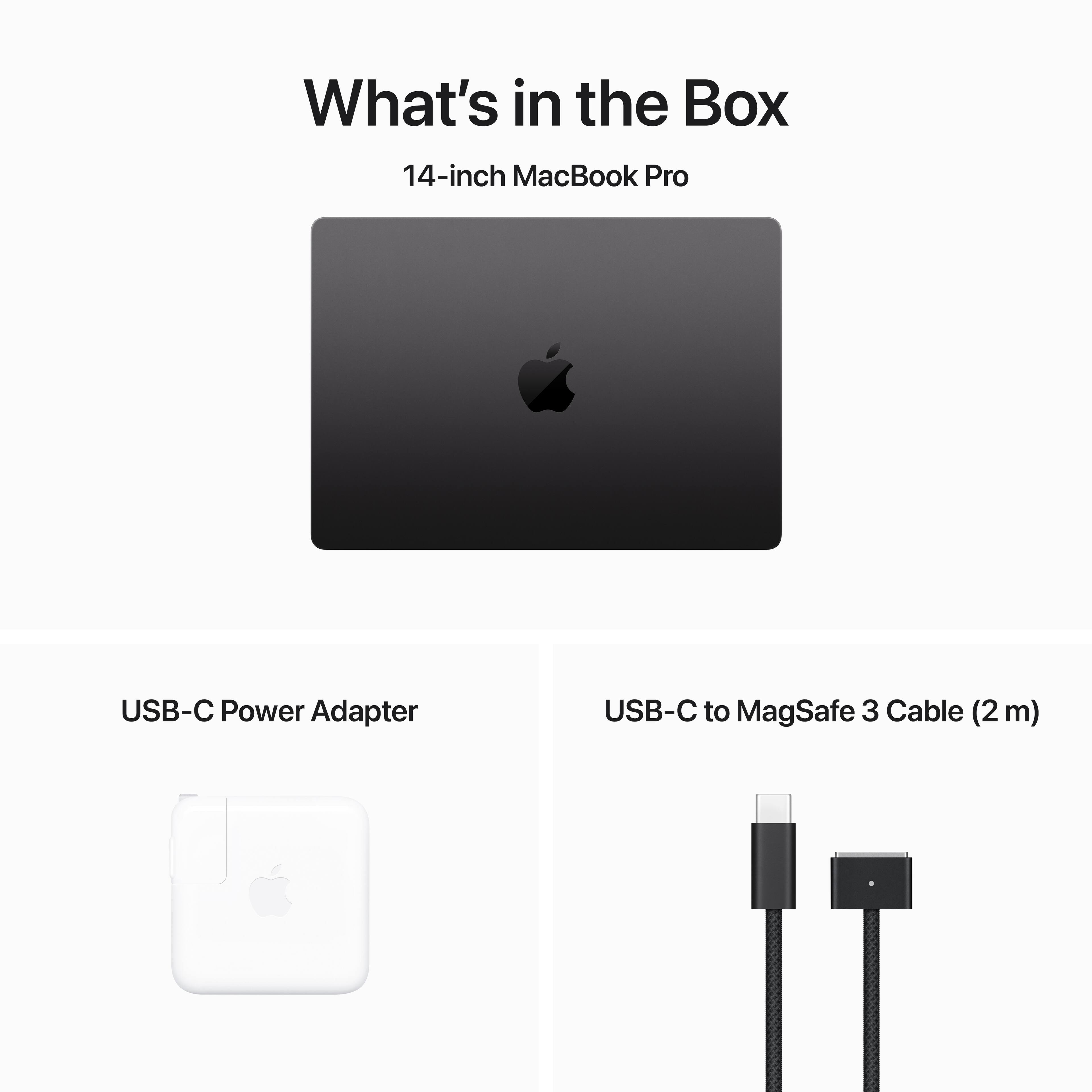 The image features a black MacBook Pro laptop computer, which is the main focus of the scene. The laptop is accompanied by a USB-C Power Adapter and a USB-C to MagSafe 3 Cable. The USB-C Power Adapter is designed to provide power to the laptop, while the USB-C to MagSafe 3 Cable is used for charging and data transfer. The image also includes a close-up view of the laptop, showcasing its design and features.