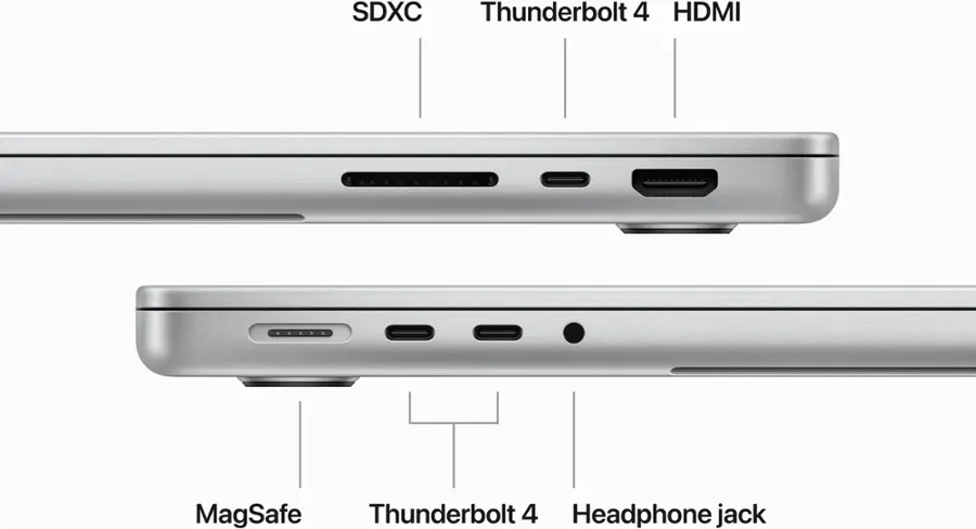 The image features a laptop computer with various components labeled. The main components include an SDXC slot, a Thunderbolt 4 port, an HDMI port, a MagSafe connector, and a headphone jack. These labels provide information about the functions of each component, making it easier for users to understand the capabilities of the laptop.