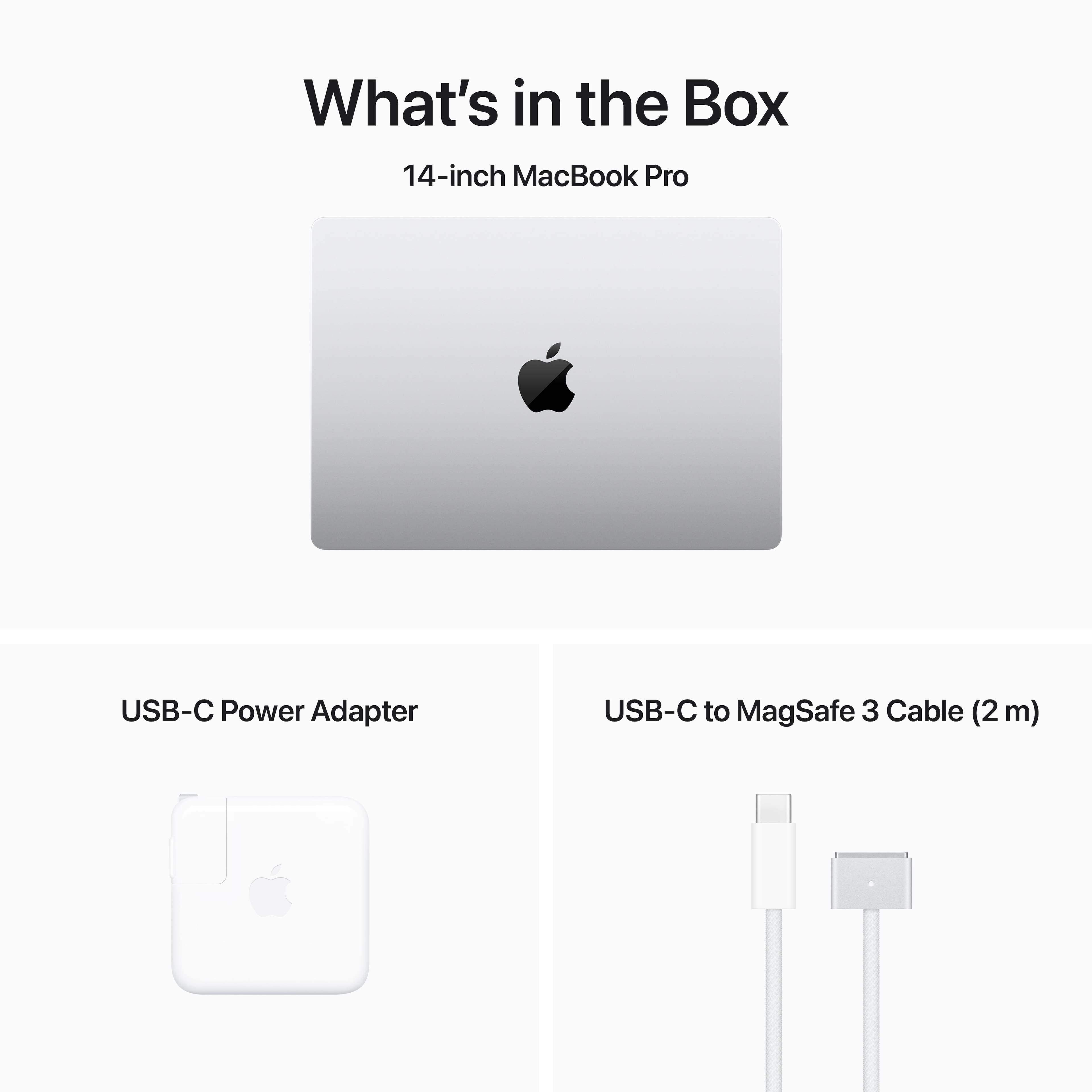 The image features a white 14-inch MacBook Pro, which is a laptop computer. The box contains a USB-C Power Adapter and a USB-C to MagSafe 3 Cable (2 m). The product is designed to provide power and connectivity options for the MacBook Pro.
