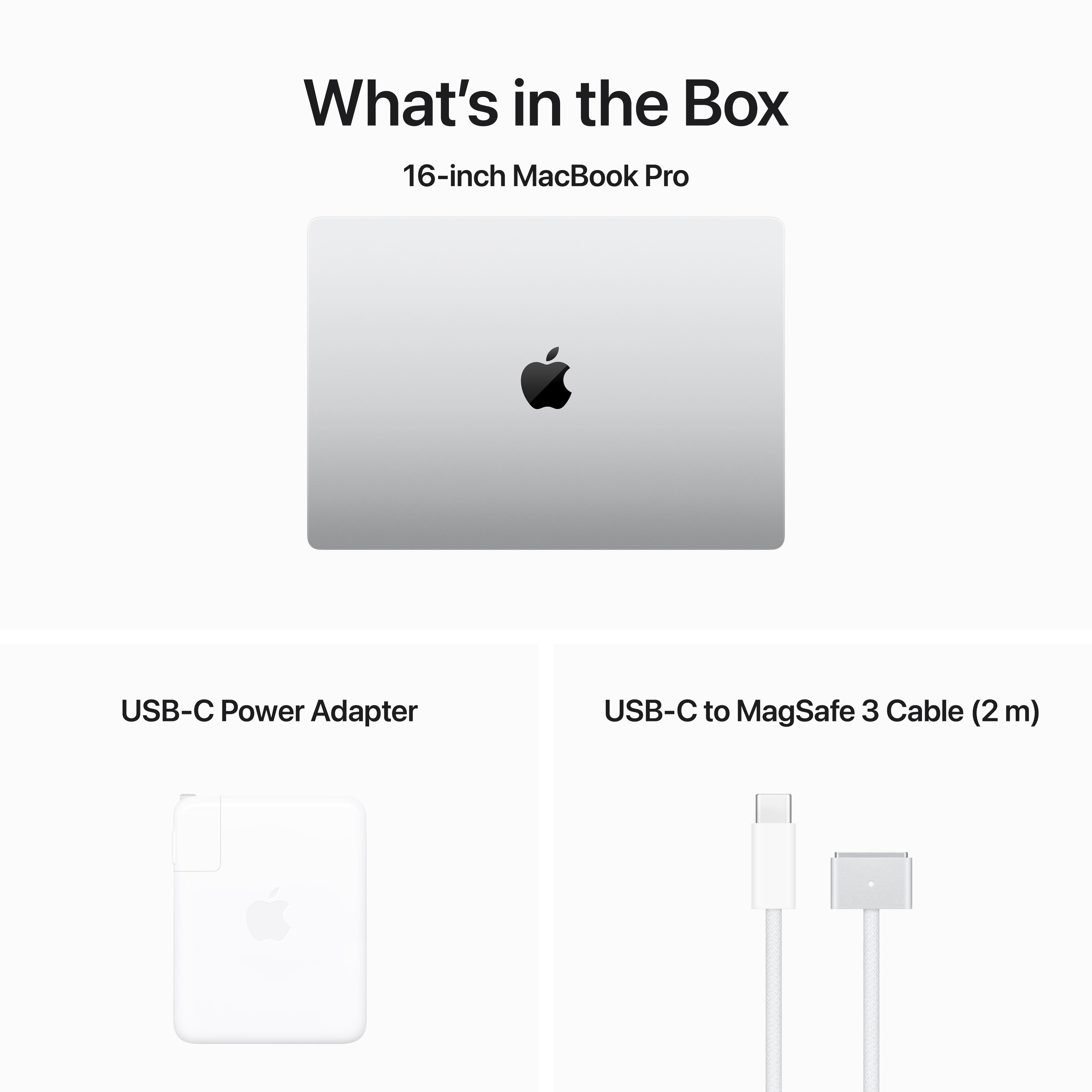 What's in the Box: 16-inch MacBook Pro USB-C Power Adapter, USB-C to MagSafe 3 Cable (2 m).