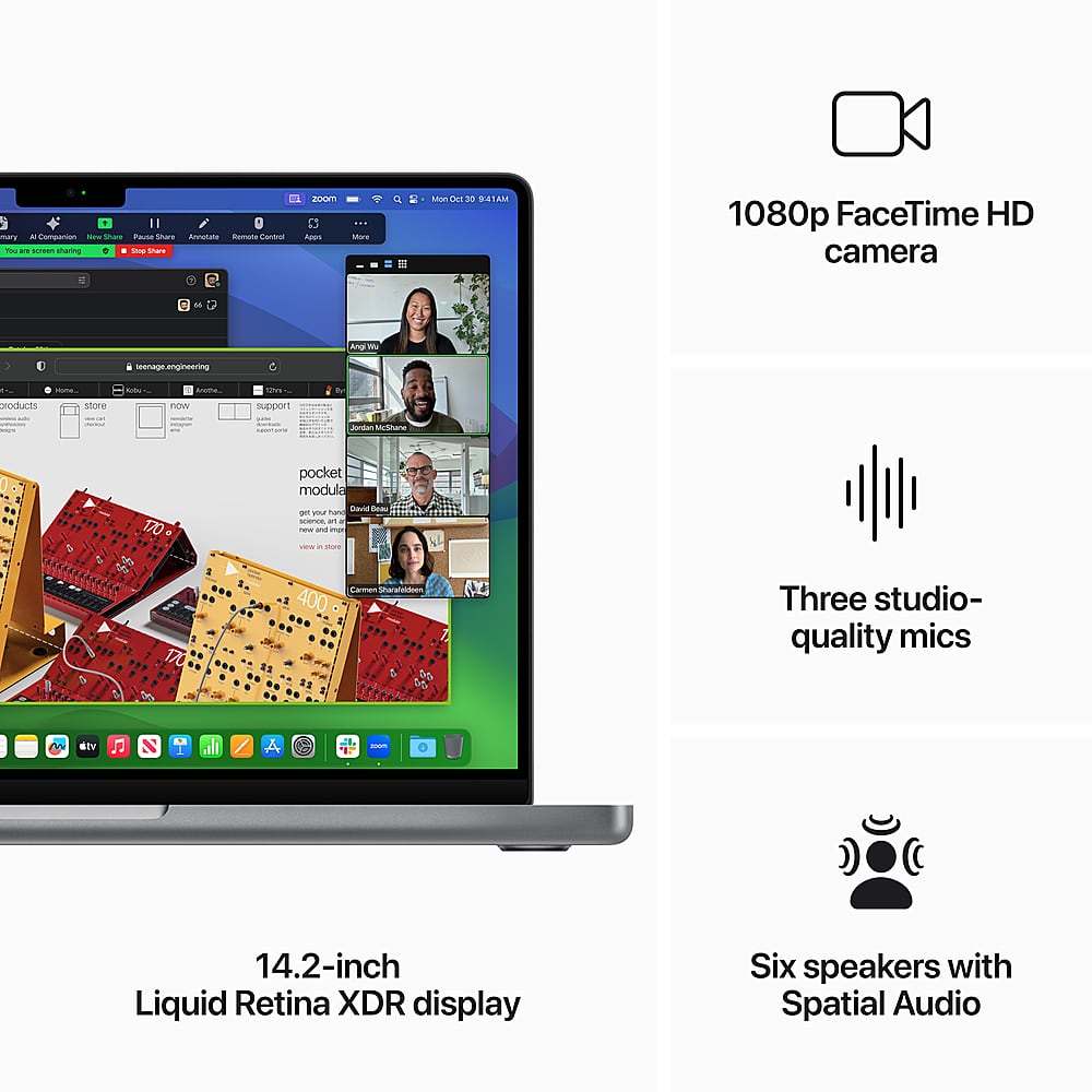 The image features a laptop with a 14.2-inch Liquid Retina XDR display, which is advertised as having six speakers with Spatial Audio. The laptop is also equipped with a 1080p FaceTime HD camera, making it suitable for video conferencing and other multimedia activities. The laptop is open to a webpage, showcasing its features and capabilities.