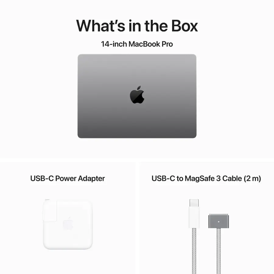 What's in the Box: 14-inch MacBook Pro USB-C Power Adapter USB-C to MagSafe 3 Cable (2 m)