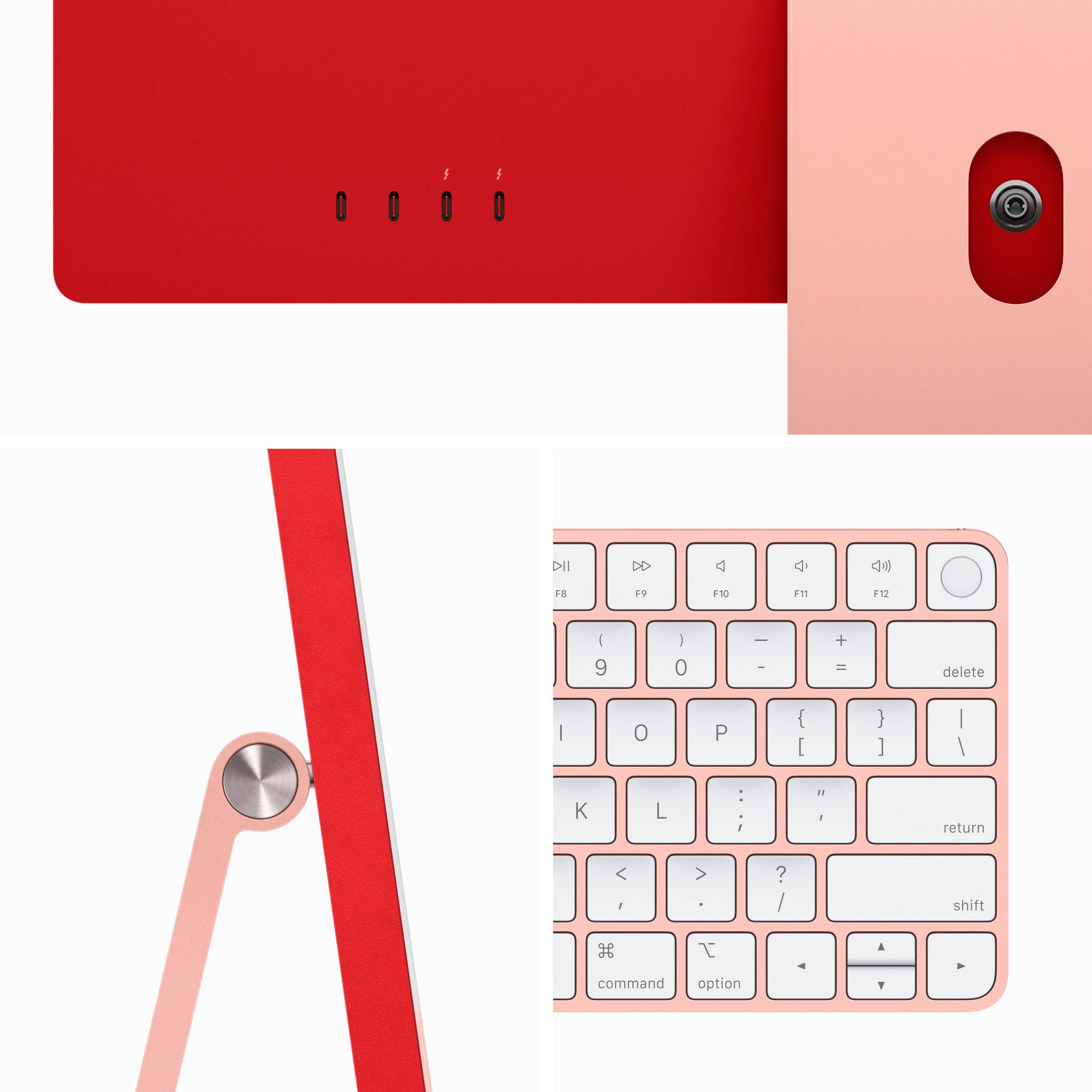 The image features a red keyboard with a pink case, which is part of an All-in-One desktop computer. The keyboard has a unique design, with a pink case and a red cover. The keyboard is placed on top of a white background, making it stand out. The image showcases the keyboard's design and color, which are not commonly seen in traditional keyboards.
