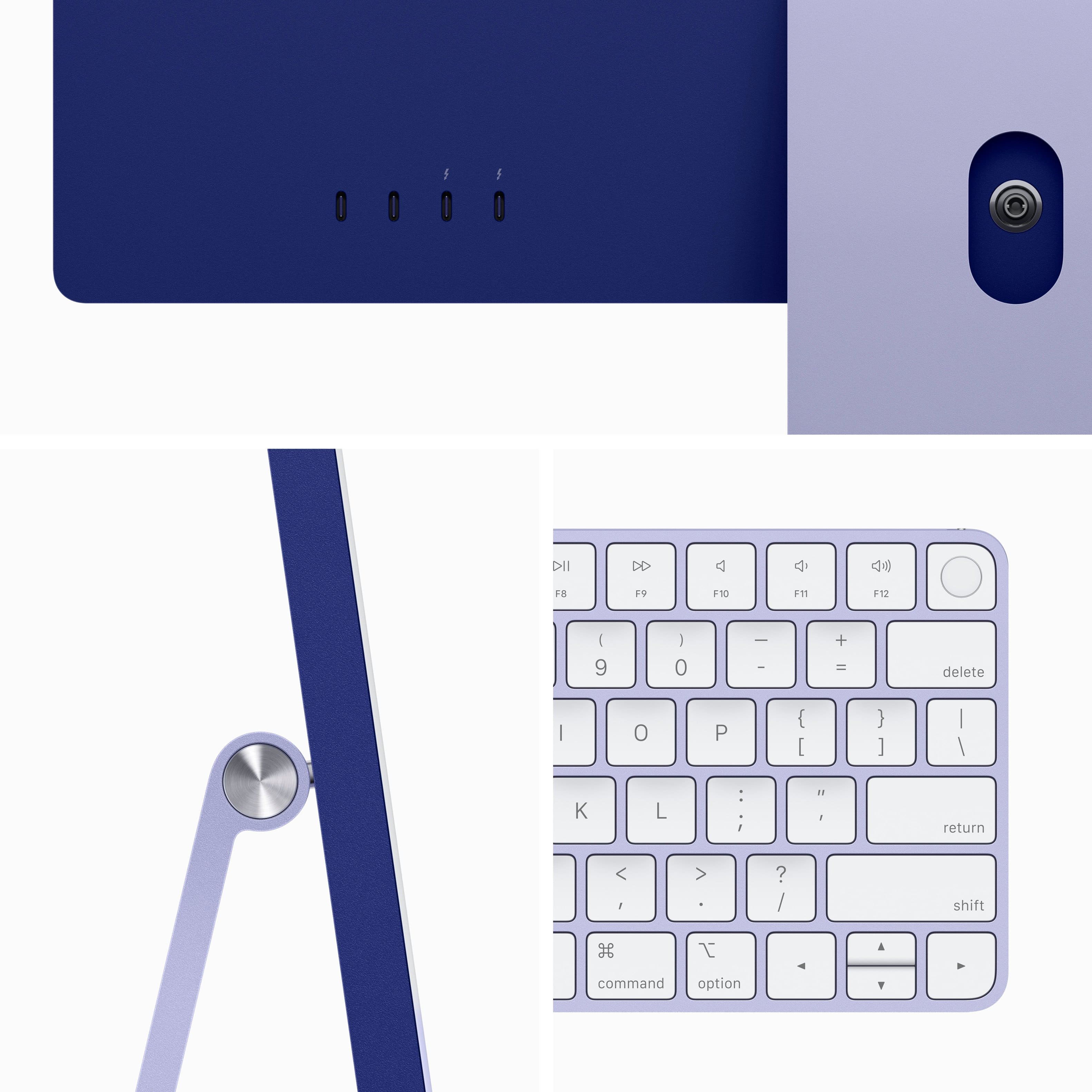 The image showcases a purple keyboard and mouse, which are part of an all-in-one desktop computer. The keyboard has a purple and white color scheme, and the mouse is also purple. The keyboard has a variety of keys, including letters, numbers, and function keys, as well as a dedicated key for the mouse. The mouse is designed to work seamlessly with the keyboard, providing a comfortable and efficient user experience.