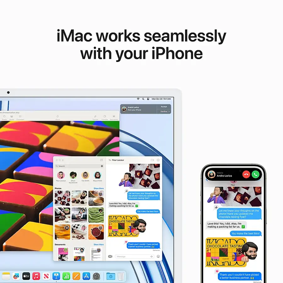 The image showcases an iMac computer and an iPhone working seamlessly together. The iMac is open to a photo app, and the iPhone is displayed next to it, highlighting the compatibility between the two devices. The image is categorized as "All in One Desktop Computers."

The text on the image reads, "iMac works seamlessly with your iPhone." The image also features a chocolate tasting flyer, which is unrelated to the main focus of the image.