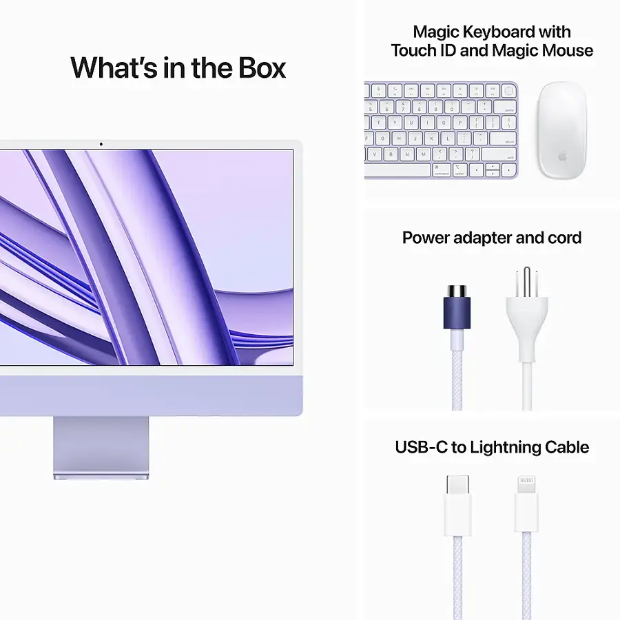 The image features an all-in-one desktop computer with a monitor, keyboard, and mouse. The keyboard is a Magic Keyboard with Touch ID and Magic Mouse, and it is accompanied by a USB-C to Lightning Cable. The computer is displayed in a box, and the image also shows a power adapter and cord.