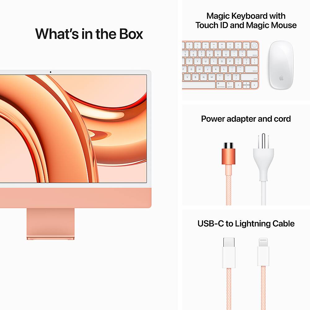 The image showcases a desktop computer setup with a monitor, keyboard, and mouse. The keyboard is a Magic Keyboard with Touch ID and Magic Mouse, and the mouse is a wireless device. The setup also includes a power adapter and cord, as well as a USB-C to Lightning Cable. The image is likely promoting an all-in-one desktop computer, as it displays the various components and accessories that come with the product.