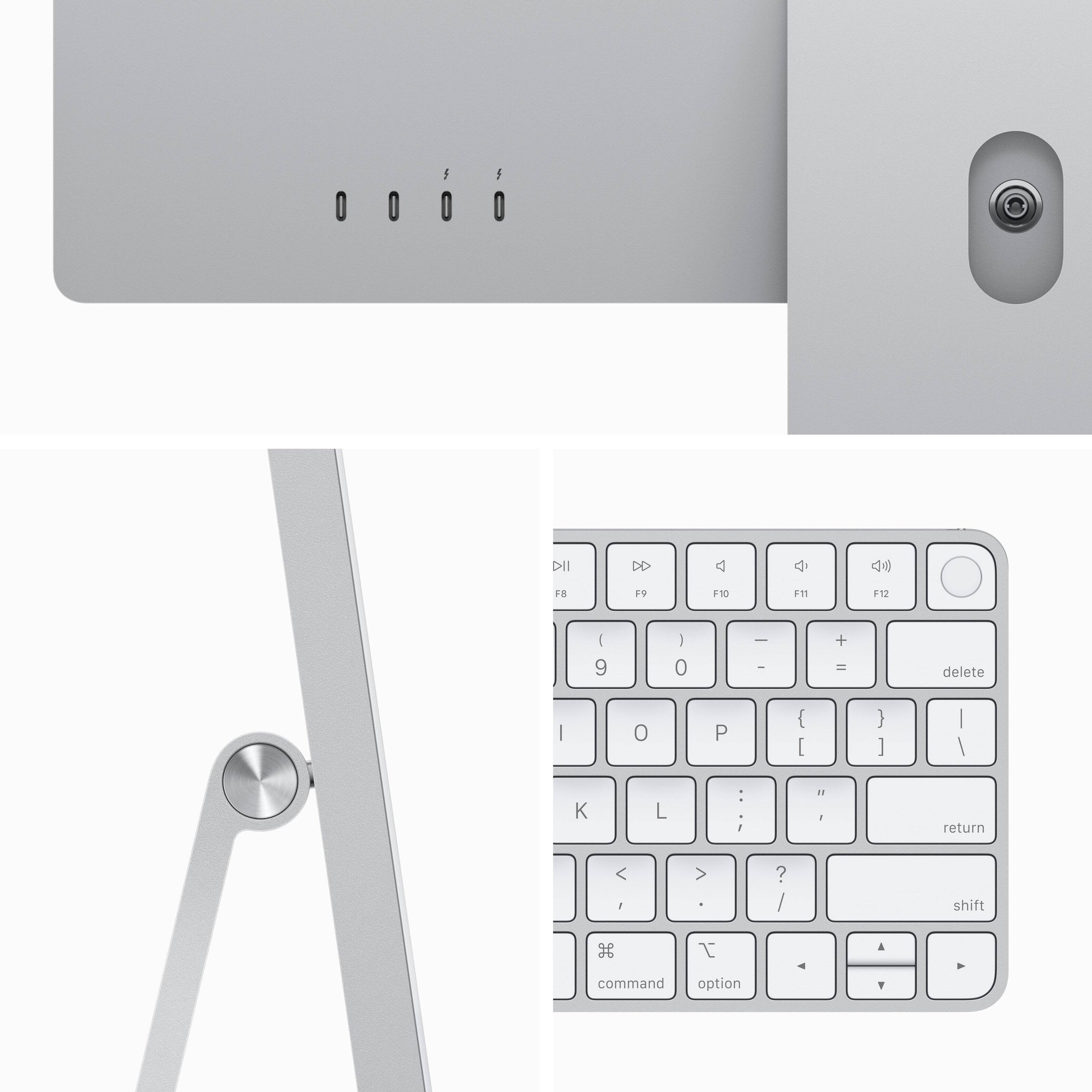 The image features a close-up of a keyboard, which is part of an all-in-one desktop computer. The keyboard has a sleek design and is white in color. The keys are arranged in a neat and organized manner, making it easy to use. The image also shows the keyboard attached to the computer, indicating that it is an integrated part of the device.