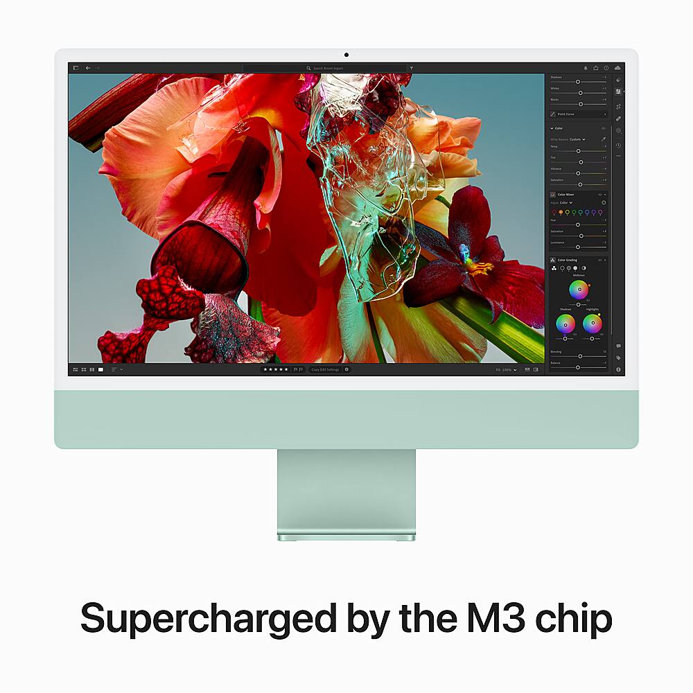 The image features a large monitor with a vibrant display of flowers. The text "Supercharged by the M3 chip" is displayed below the monitor, indicating that the device is powered by the M3 chip, which likely enhances its performance and capabilities.