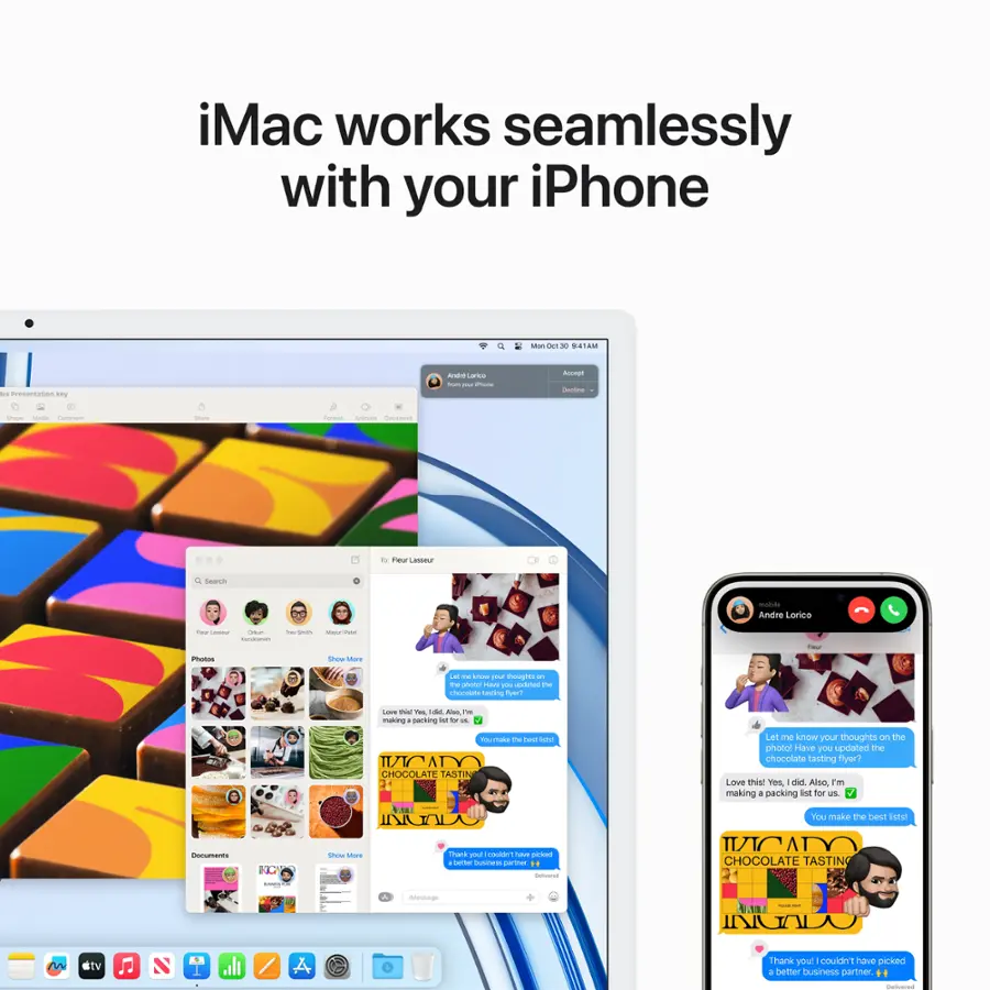 The image showcases an iMac computer and an iPhone working seamlessly together. The iMac is open to a photo app, and the iPhone is displayed next to it, highlighting the compatibility between the two devices. The image is categorized as "All in One Desktop Computers."

The text on the image reads, "iMac works seamlessly with your iPhone." The image also features a chocolate tasting flyer, which is unrelated to the main focus of the image.