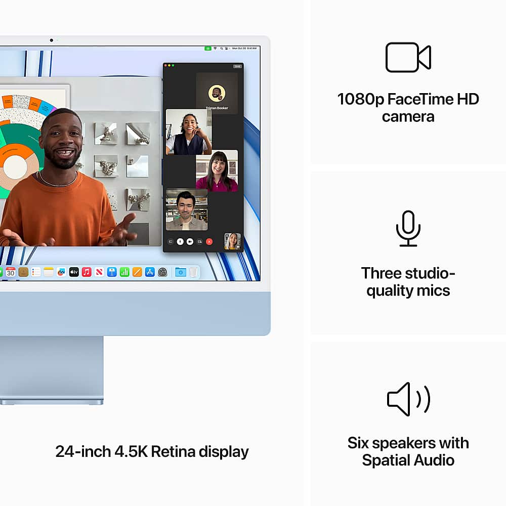 The image features a desktop computer with a 24-inch 4.5K Retina display, a 1080p FaceTime HD camera, and three studio-quality mics. The computer is described as an all-in-one desktop computer, which suggests that it offers a combination of features such as a large display, high-quality camera, and audio capabilities. The presence of six speakers with Spatial Audio further enhances the audio experience, making it an appealing choice for users who value both visual and auditory quality.