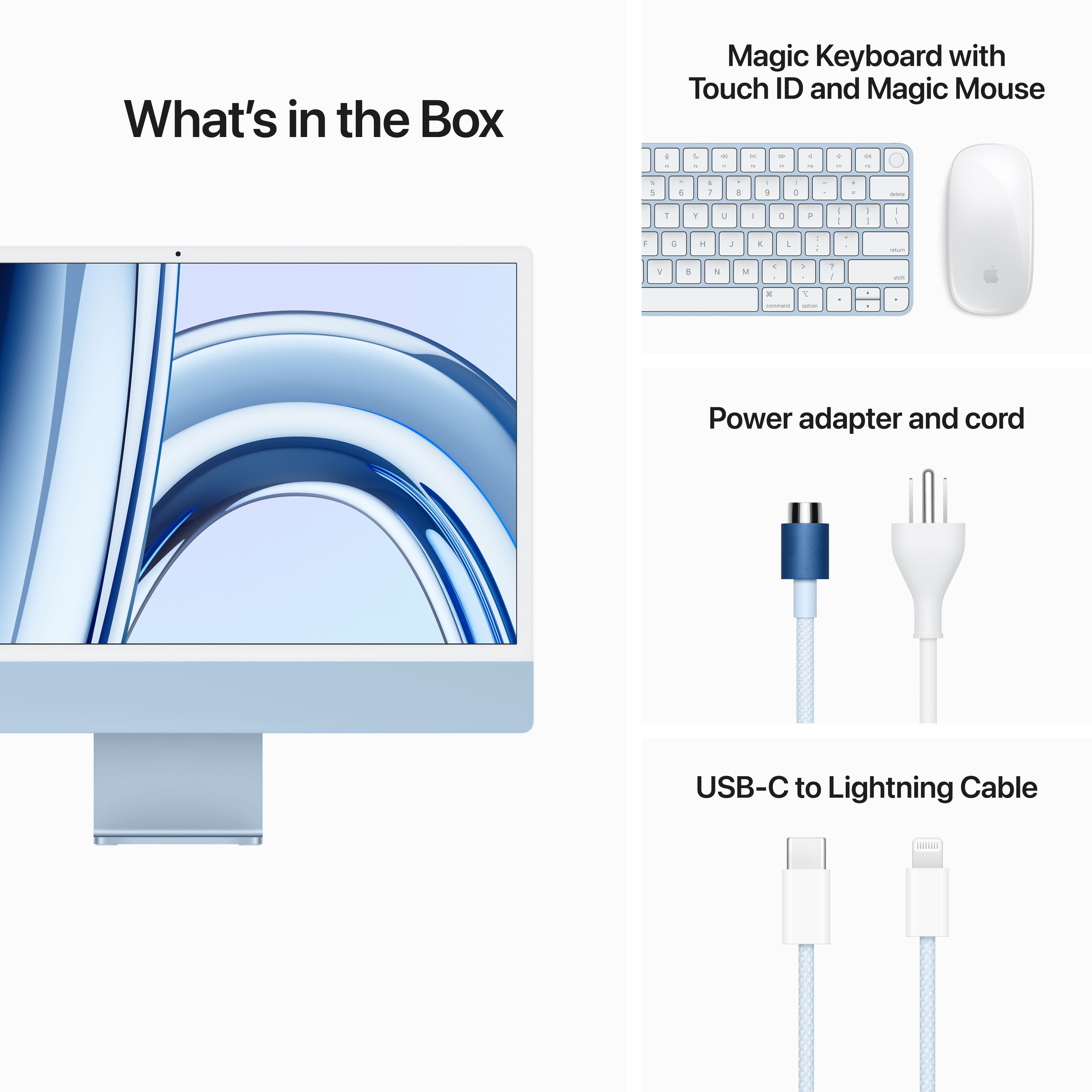 The image features an all-in-one desktop computer, which includes a monitor, keyboard, and mouse. The keyboard has a touch ID and is part of the Magic Keyboard set. The mouse is also part of the Magic Keyboard set and is a Magic Mouse. The computer also comes with a power adapter and cord, as well as a USB-C to Lightning Cable.