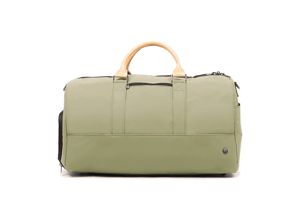 Angle. PKG - Bishop 42L Recycled Duffle Bag - Green/Light Tan.
