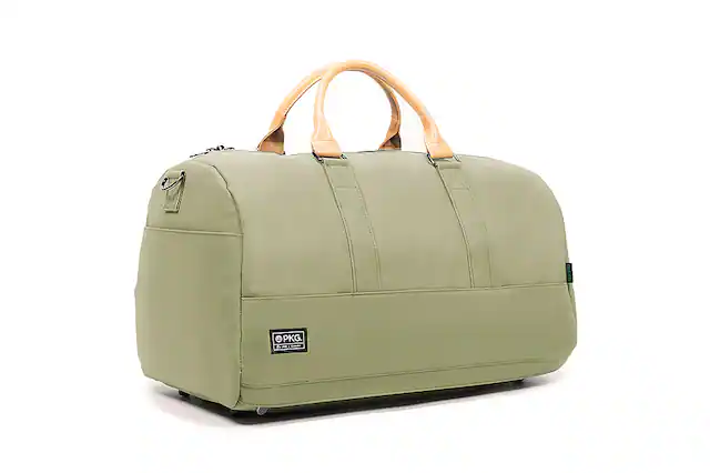 Front. PKG - Bishop 42L Recycled Duffle Bag - Green/Light Tan.