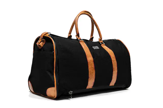 Front. PKG - Rosedale 41L Recycled Garment Duffle Bag - Black/Tan.