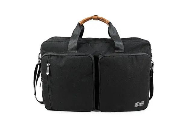 Front. PKG - Trenton 31L Recycled Messenger Bag with Garment Compartment - Black/Tan.