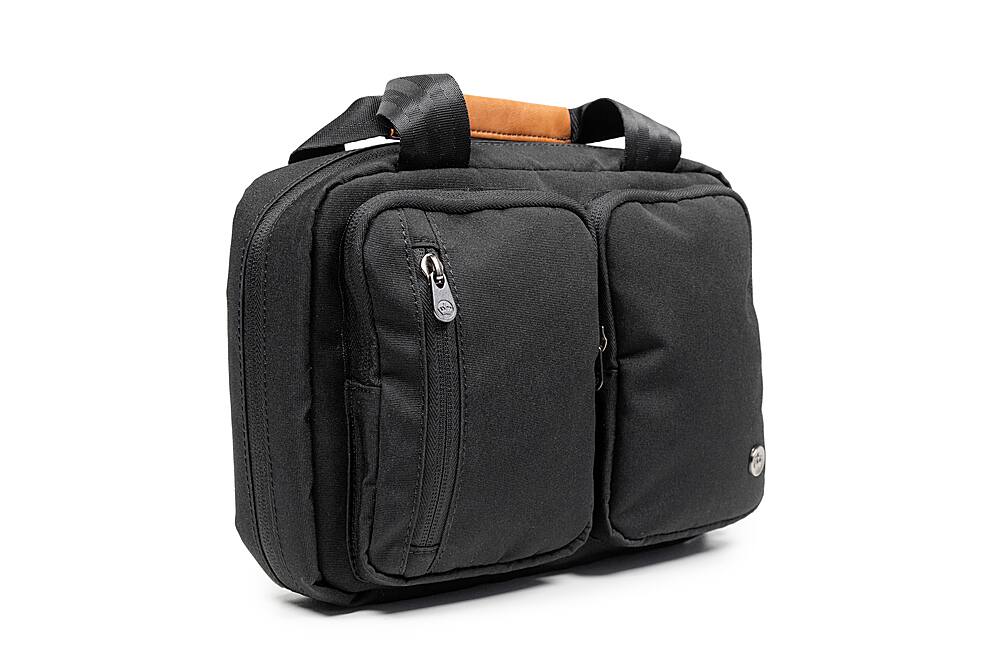 Angle. PKG - Simcoe Recycled Toiletry Bag - Black/Tan.