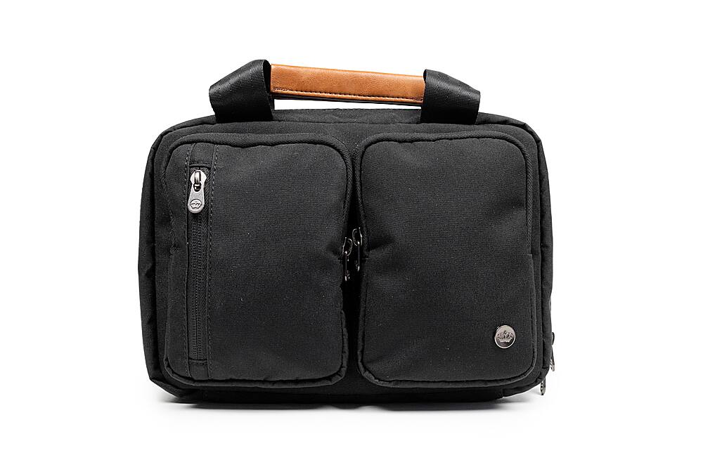 Front. PKG - Simcoe Recycled Toiletry Bag - Black/Tan.
