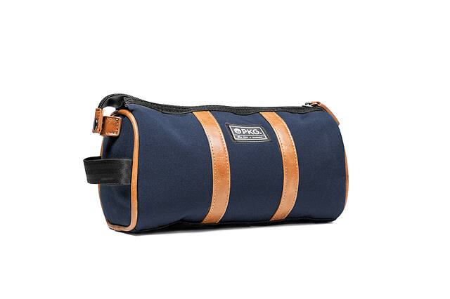 Front. PKG - Charlotte Recycled Essentials Toiletry Bag - Navy/Tan.