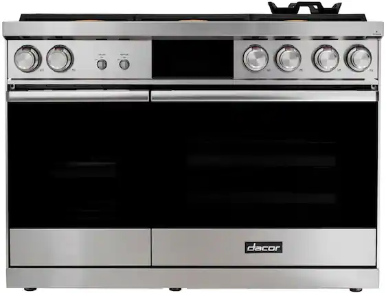 Front. Dacor - Contemporary 6.6 Cu. Ft. Slide-In Double Oven Dual Fuel Four-Part Pure Convection Range with GreenClean and RealSteam - Silver Stainless Steel.