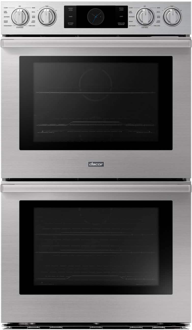 Front. Dacor - Transitional 30" Built-In Electric Four-Part Pure Convection Double Wall Oven with Steam Assist and Chef Mode - Silver Stainless Steel.