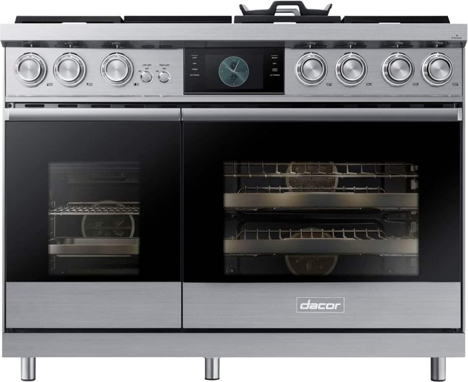 Front. Dacor - Contemporary 6.6 Cu. Ft. Slide-In Double Oven Dual Fuel Four-Part Pure Convection Range with GreenClean and Griddle - Silver Stainless Steel.