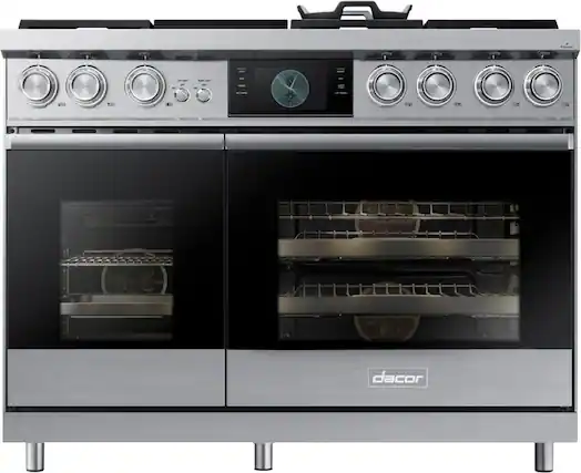 Front. Dacor - Contemporary 6.6 Cu. Ft. Slide-In Double Oven Dual Fuel Four-Part Pure Convection Range with GreenClean and Griddle - Silver Stainless Steel.