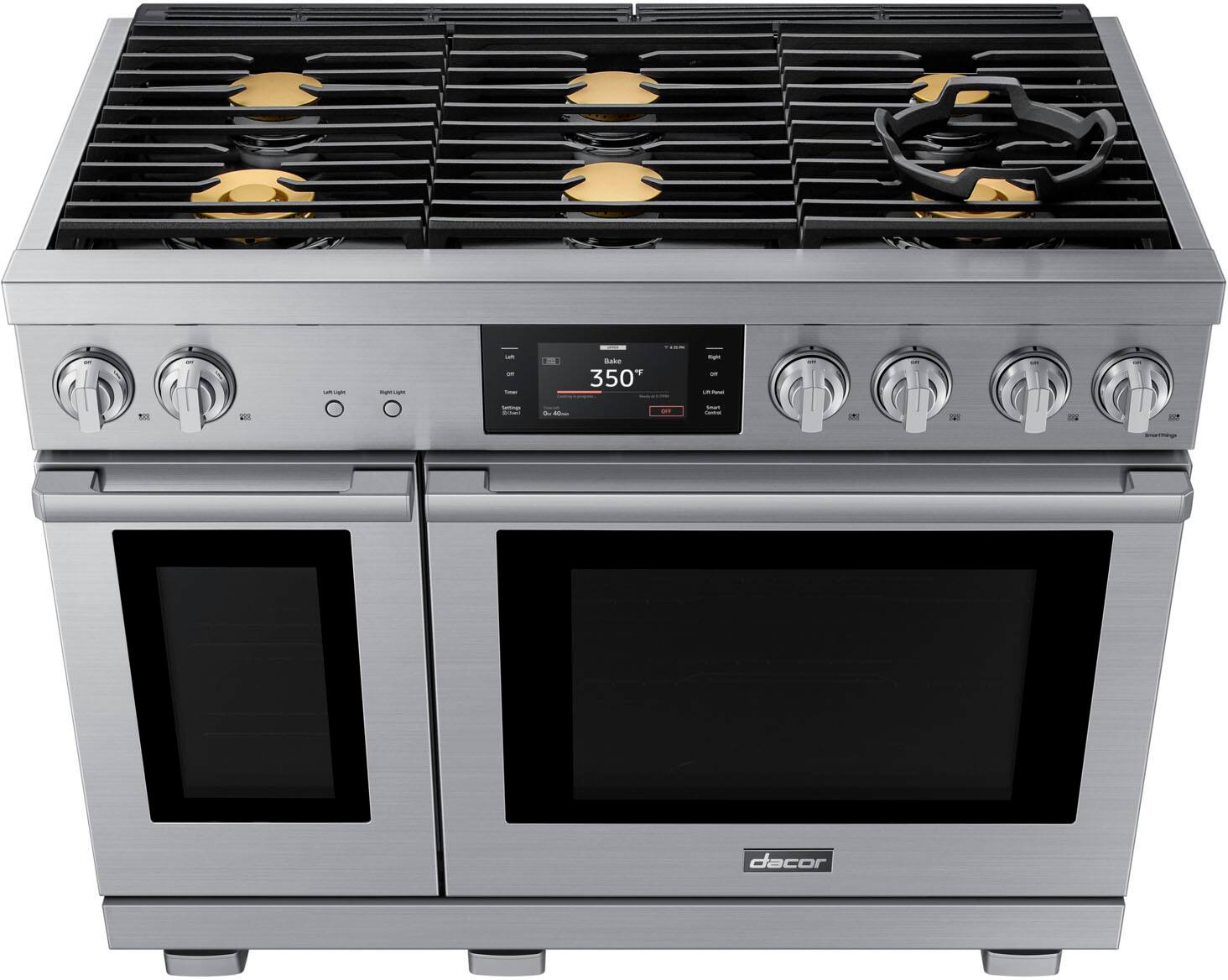 Angle. Dacor - Transitional 7.7 Cu. Ft. Slide-In Gas Four-Part Pure Convection Range with Self-Cleaning and SimmerSear Burners - Silver Stainless Steel.