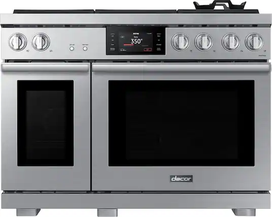 Front. Dacor - Transitional 7.7 Cu. Ft. Slide-In Gas Four-Part Pure Convection Range with Self-Cleaning and SimmerSear Burners - Silver Stainless Steel.