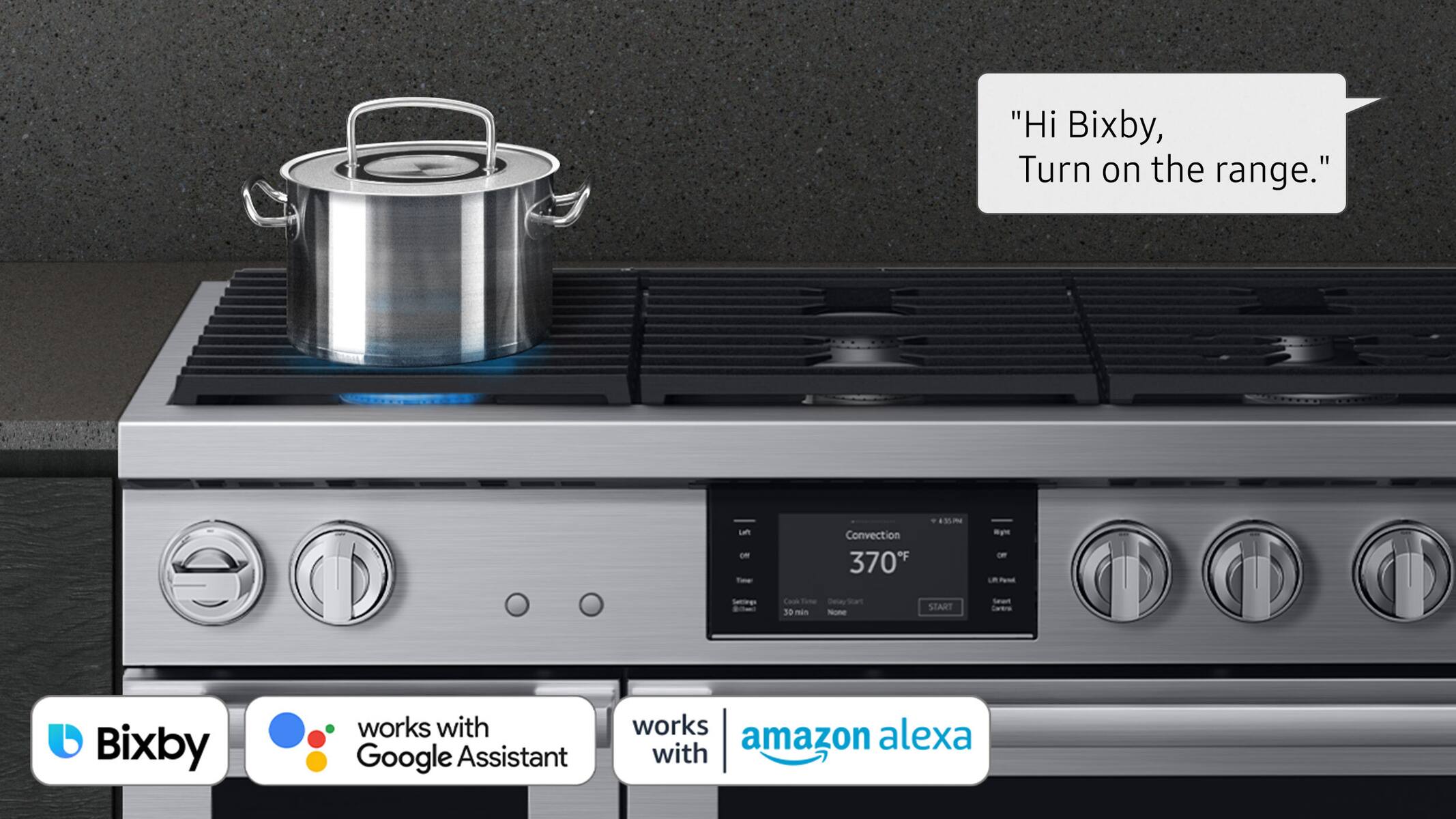 The image shows a stainless steel gas range with a pot on it. The range has a Bixby app on it, which is an Amazon product. The range is turned on, and the pot is heating up. The image also features a cartoon of a pot on the stove, with the words "Hi Bixby, Turn on the range."
