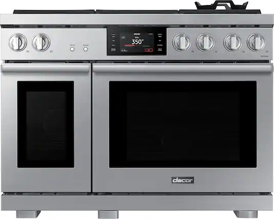 Front. Dacor - Contemporary 8.8 Cu. Ft. Slide-In Dual Fuel Four-Part Pure Convection Range with GreenClean and Chef Mode - Silver Stainless Steel.