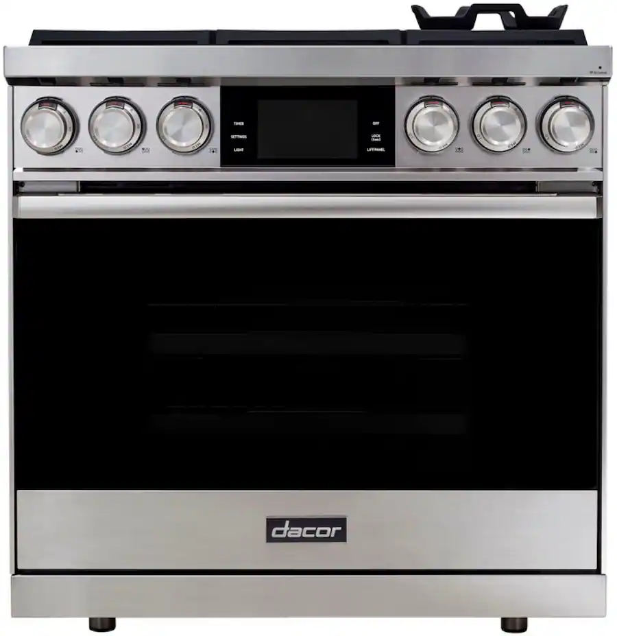 Color Pure Silver Dacor 36 in. Wide 6 Burner Contemporary 4.8 Cu. Ft. Slide In Dual Fuel ...